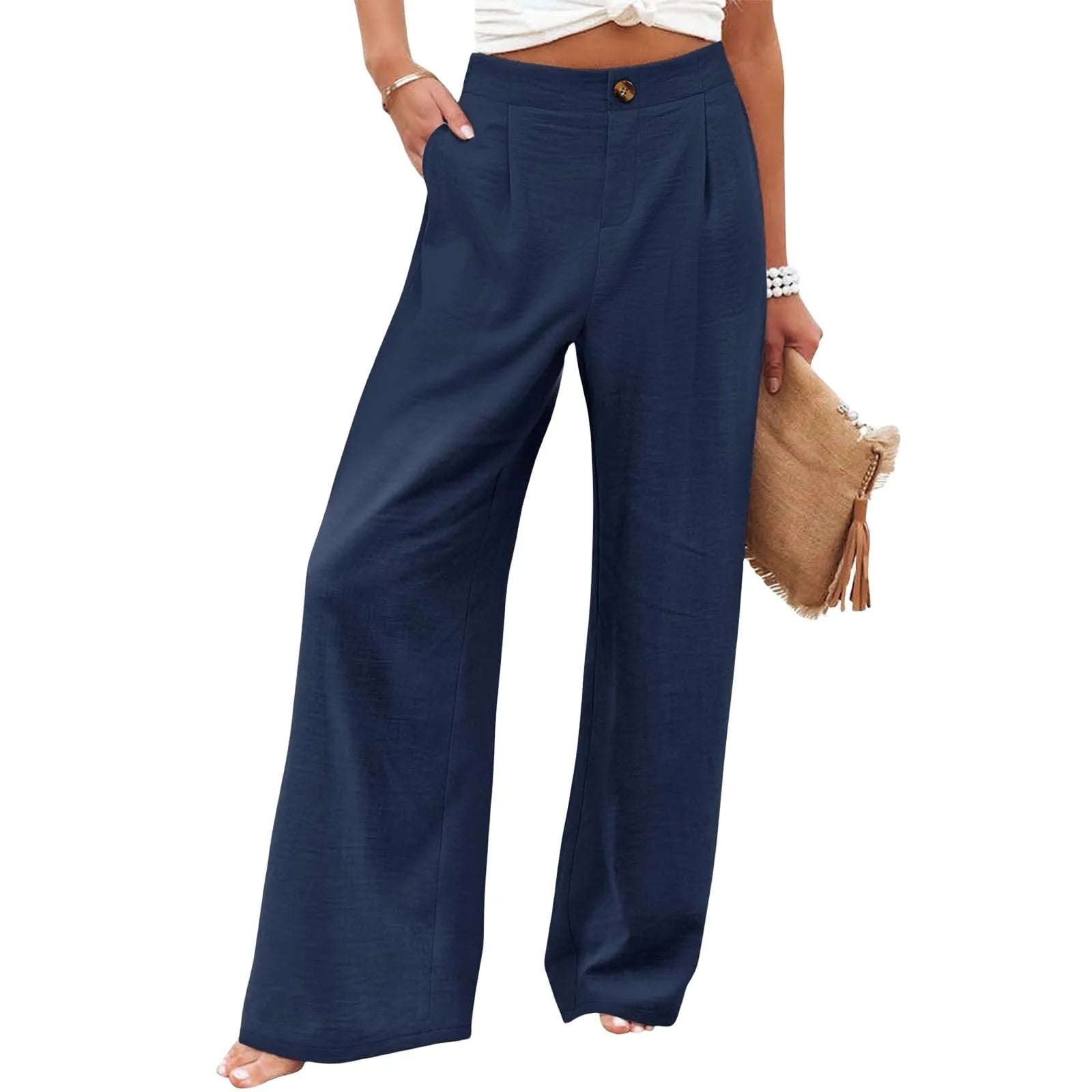 Navy blue wide-leg pants worn by a person on a white background