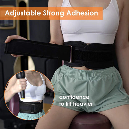 Person wearing a black waist support belt with text about adjustable strong adhesion and lifting confidence.