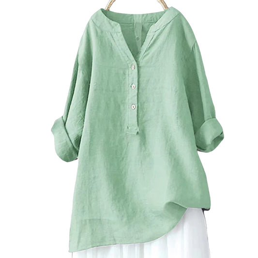 Plus-size loose cotton-linen blouse with a relaxed fit, perfect for active seniors.