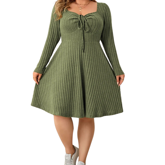 Plus size A-line dress with sweetheart neckline and bow detail, designed for active seniors."


