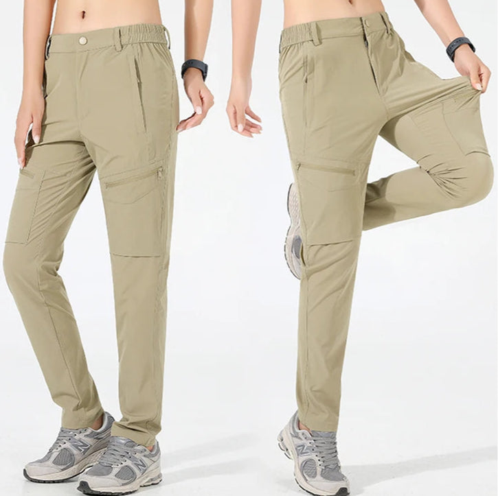 High-performance hiking pants with moisture-wicking properties, breathable nylon fabric, and quick-dry technology
