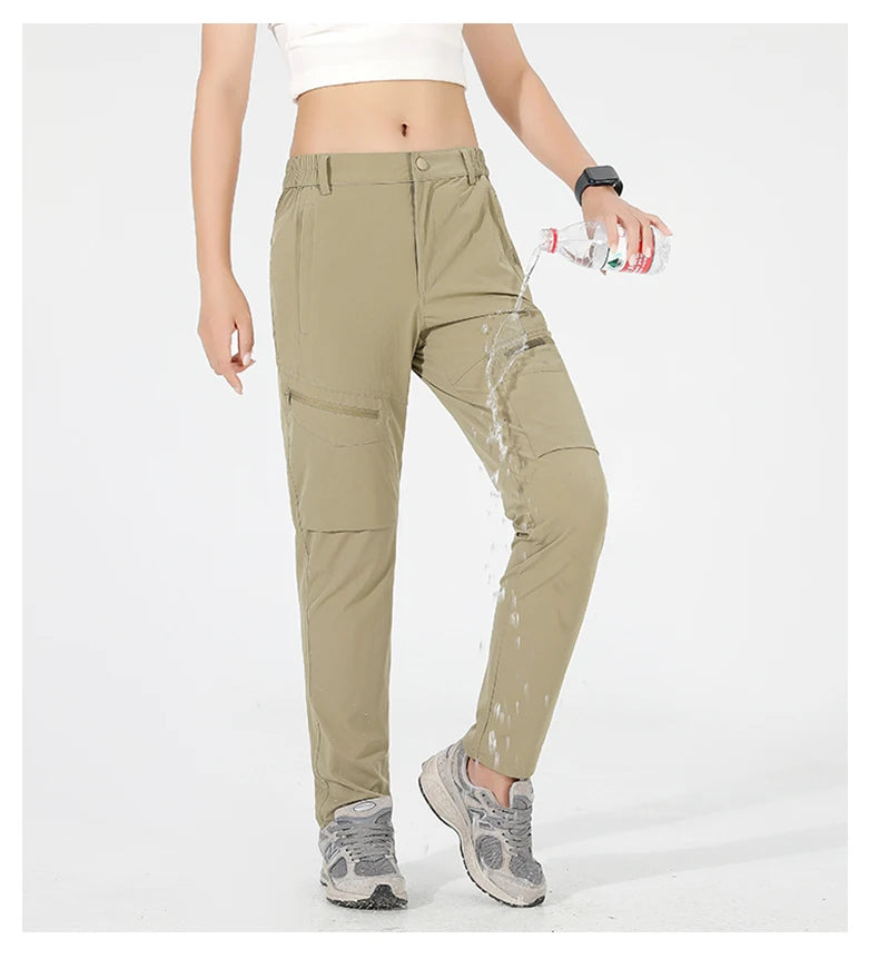 Quick dry outdoor pants in stretchy nylon laminated fabric with breathable construction for active women hikers