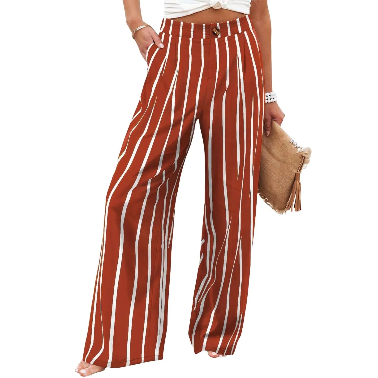 Red and white striped pants worn by a person on a white background