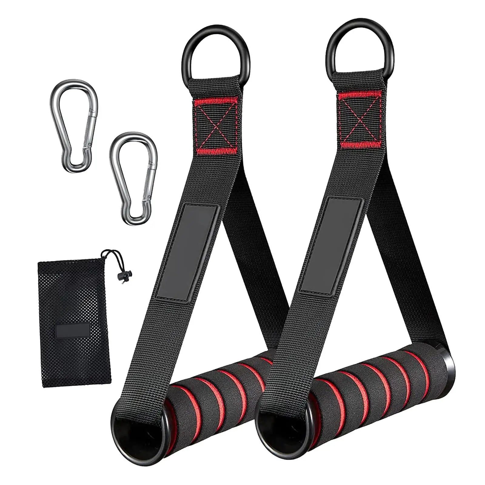 Black and red exercise straps with carabiners and a pouch on a white background