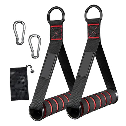 Black and red exercise straps with carabiners and a pouch on a white background