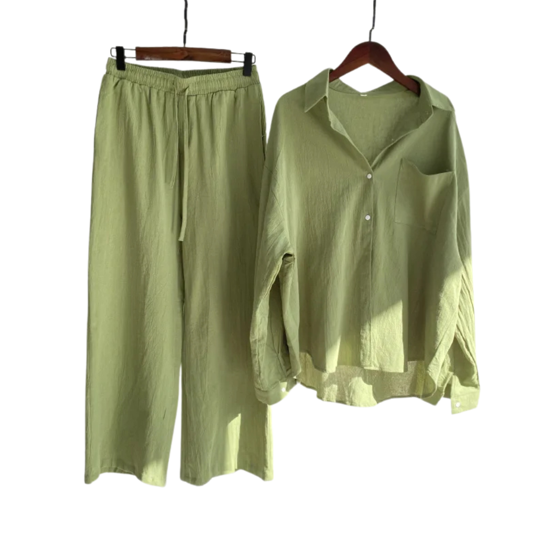 Retro oversized cotton-linen shirt and pants set laid flat, highlighting its loose fit and breathable fabric.
