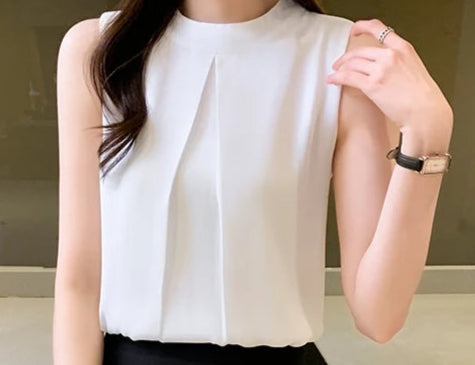 Classic white summer top for women, designed with non-stretch chiffon and easy pullover fit.