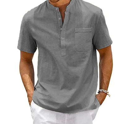Short sleeve breathable linen cotton Henley shirt styled with casual pants