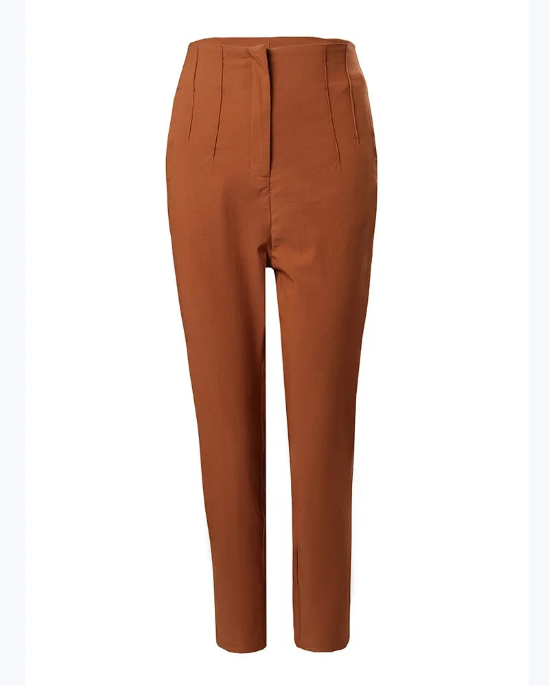 Tailored office work pants with high-rise waist, ankle-length cut, and practical pockets in durable blended fabric