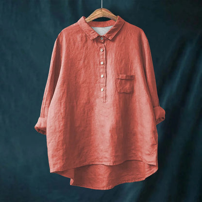 Lightweight polyester floral blouse draped naturally, showing breathable fabric perfect for year-round wear.