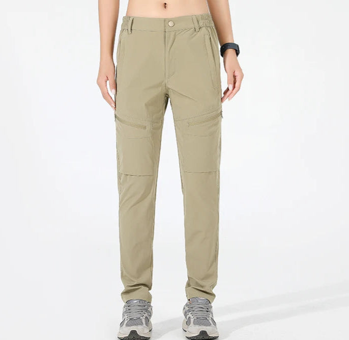 Stretchy outdoor adventure pants with quick-drying capabilities, breathable construction, and sun-resistant nylon fabric