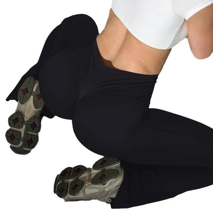 Scrunch butt athletic leggings with ankle-length flared hem and subtle fold decoration on waistband