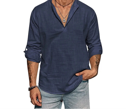 Breathable men’s casual shirt with solid color and classic stand collar design.