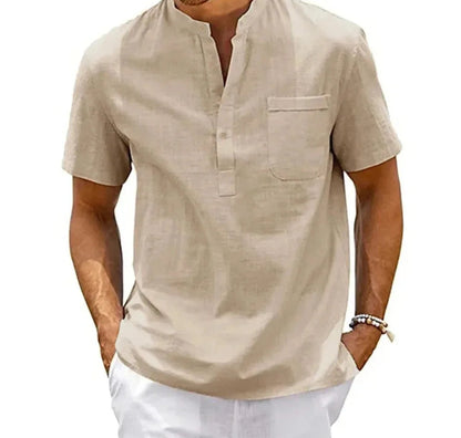 Side view of relaxed-fit linen cotton Henley shirt for active seniors
