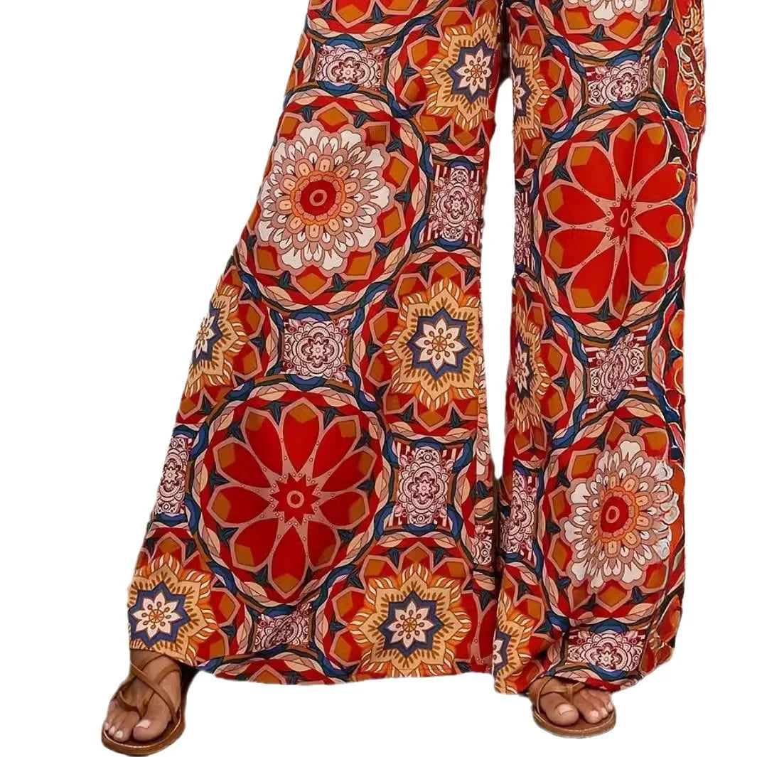 High waist printed pants in straight-leg silhouette with comfortable elastic waistband and floral design