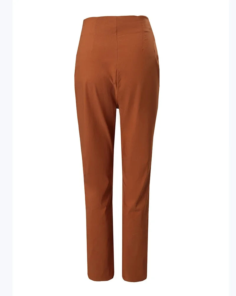Premium office suit pants featuring high waistband, flat front styling, and comfortable stretch fabric for work
