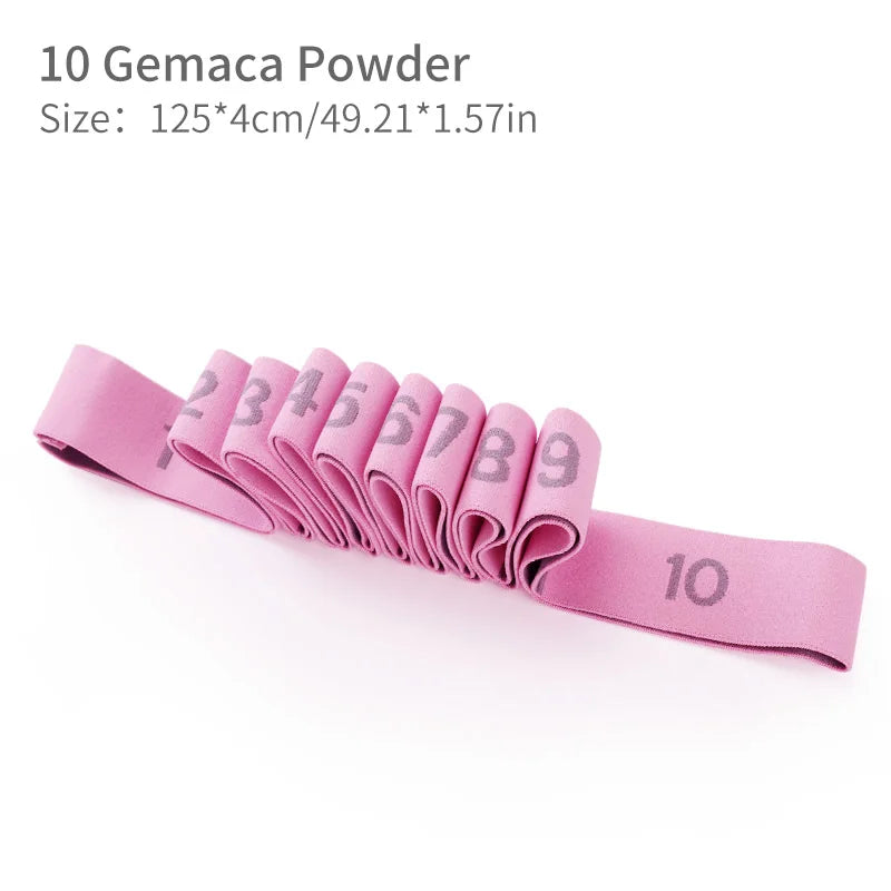 Colorful stretch band with numbered loops for guided workouts

