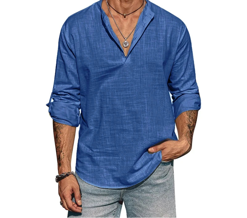 Casual men’s stand collar shirt designed for comfort and smart-casual wear.