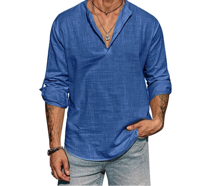 Casual men’s stand collar shirt designed for comfort and smart-casual wear.