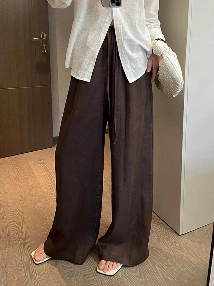 Non-stretch linen blend pants with high waist and relaxed fit for autumn and winter