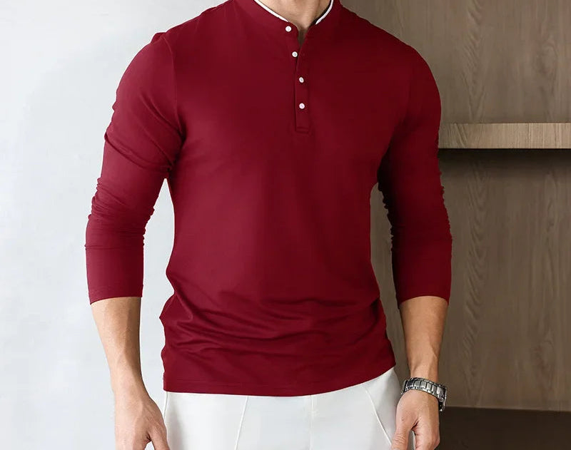 Soft polyester solid color T-shirt with stand-up collar for men