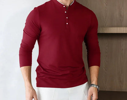 Soft polyester solid color T-shirt with stand-up collar for men