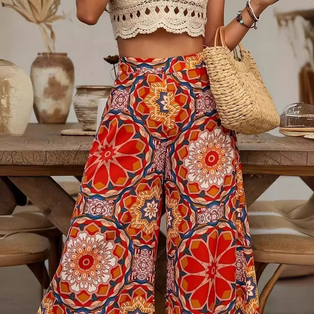 Casual straight-leg trousers featuring mid-waist design and beautiful floral print for spring summer wear
