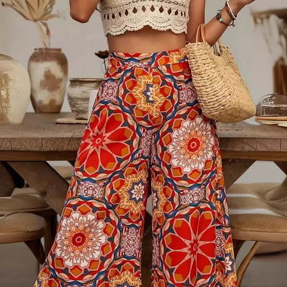 Casual straight-leg trousers featuring mid-waist design and beautiful floral print for spring summer wear