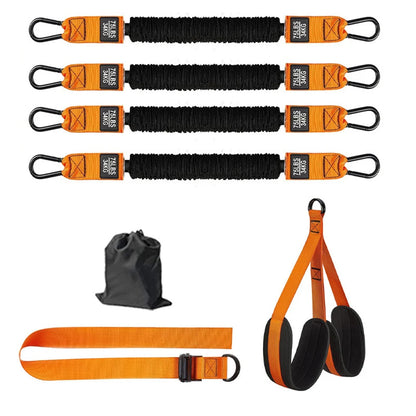Set of orange and black resistance bands with a carrying bag on a white background
