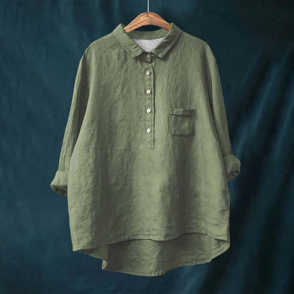 Side view of collared floral shirt highlighting flattering coverage and easy pairing with casual or dressy bottoms.