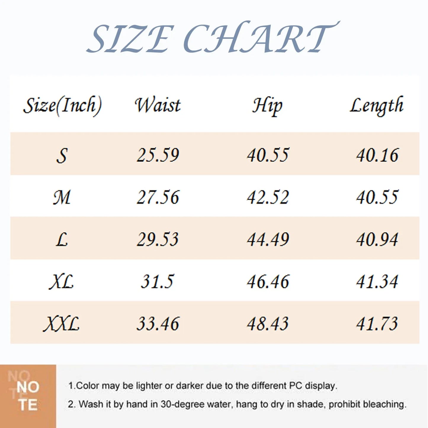 Size chart for clothing with measurements in inches