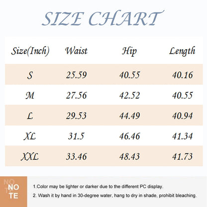 Size chart for clothing with measurements in inches