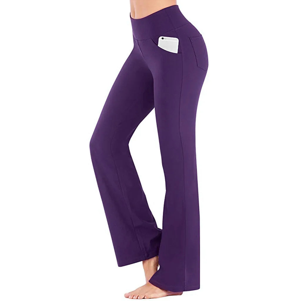 Solid color casual pants designed with a high-rise and flare hem