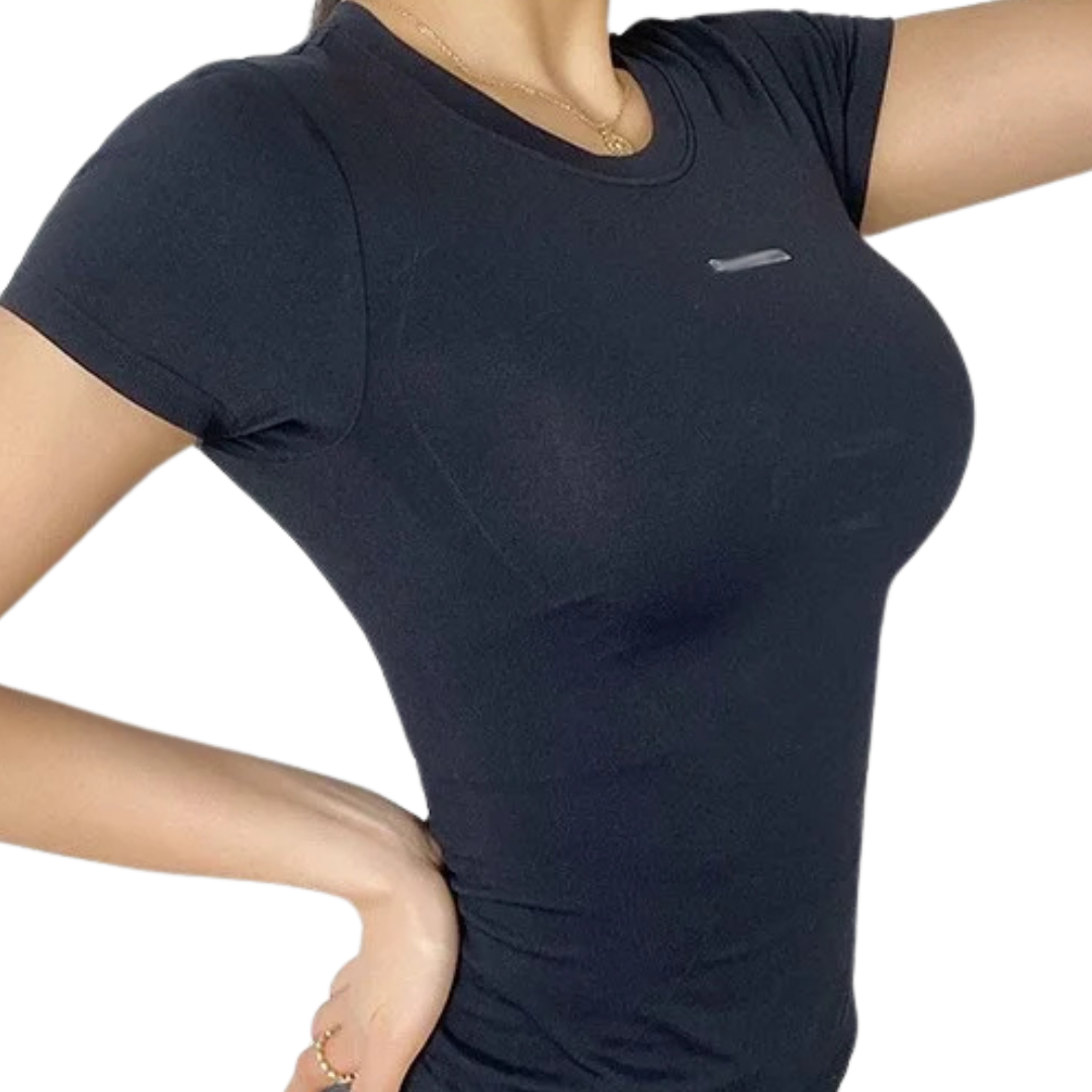 Stretch Breathable Short Sleeve Sports Top worn by an active senior in black color