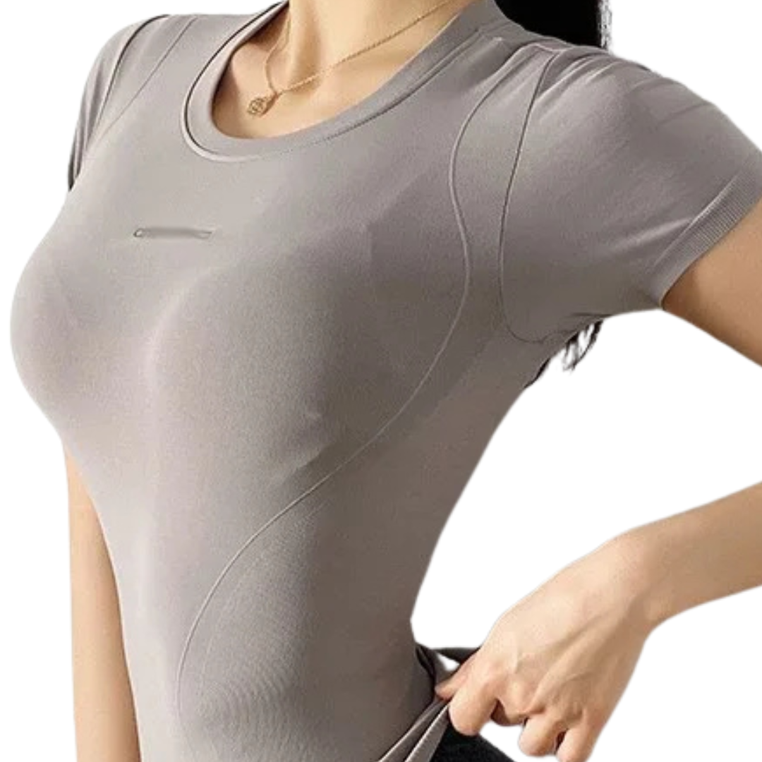 Stretch Breathable Short Sleeve Sports Top worn by an active senior in gray color