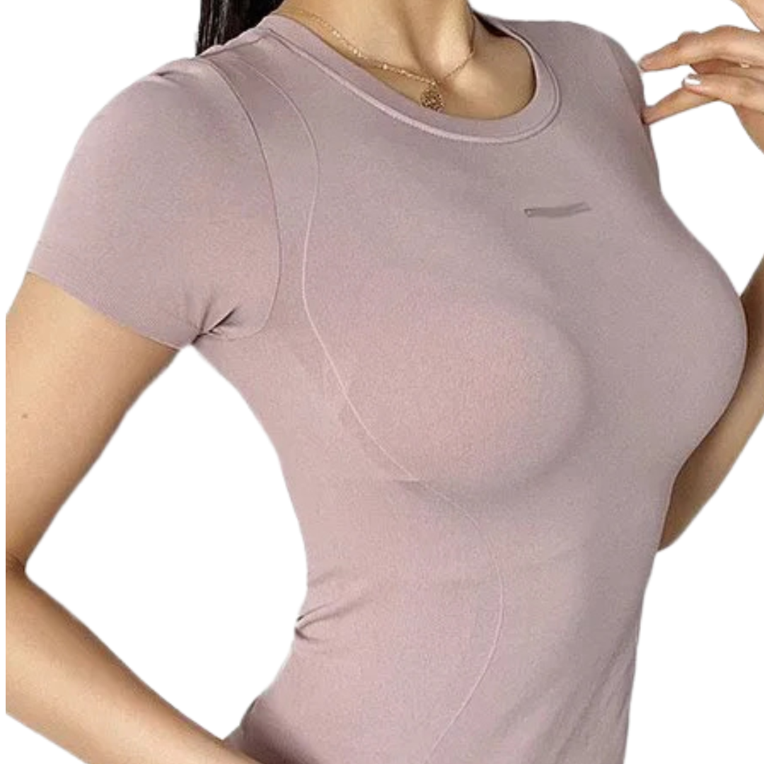 Stretch Breathable Short Sleeve Sports Top worn by an active senior in purple color