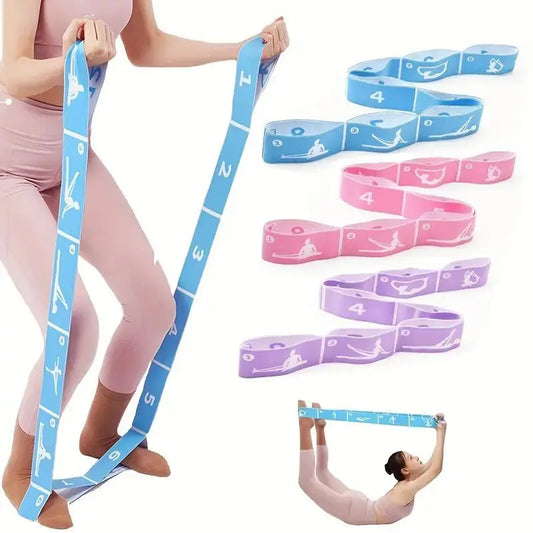 Resistance band set with measurement markings, used for exercise, on a white background.