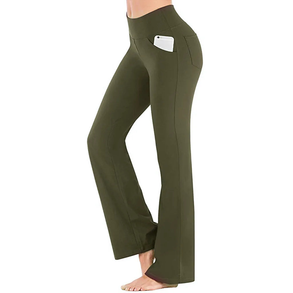 Stretch flare pants with sleek, pocketed design and supportive waist