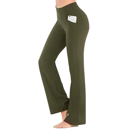 Stretch flare pants with sleek, pocketed design and supportive waist