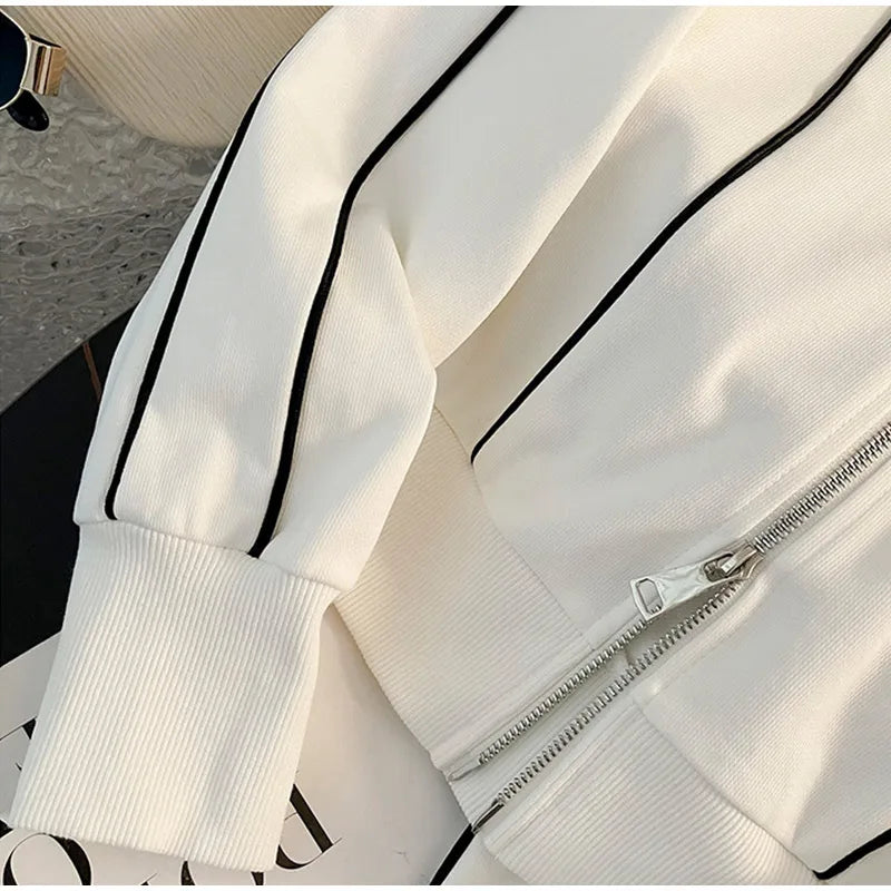 A Striped Contrast Sweatshirt and Pants Set for adults, displayed on closer view with a casual, sporty appearance.