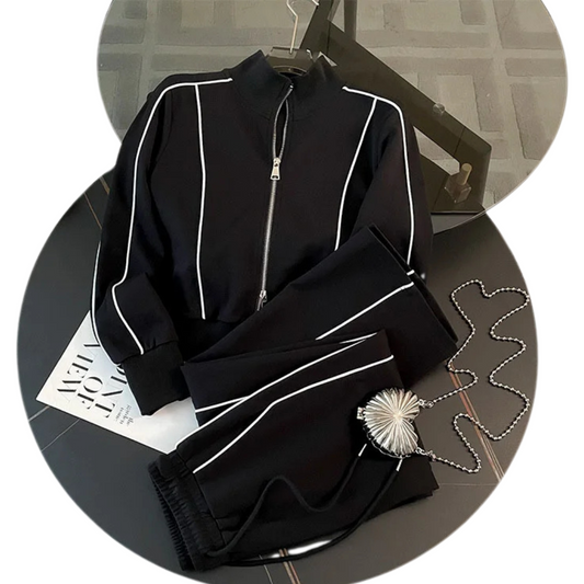 Striped Contrast Sweatshirt and Pants Set for active seniors, featuring a zip-up top and elastic-waist pants for comfort and style.

