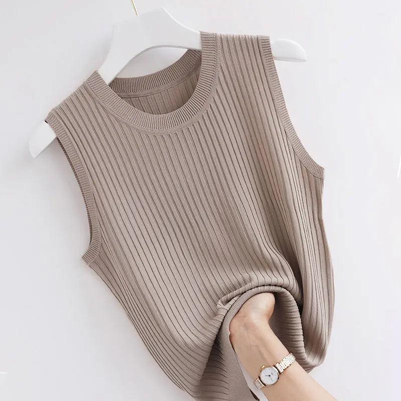 Stylish Slim Sleeveless Cropped Knit Top for active seniors in casual style in camel color