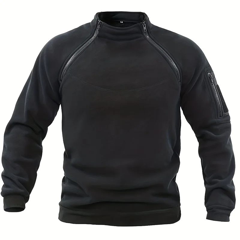 A black tactical pullover for men with a high-standing collar, zippered front, and long sleeves.