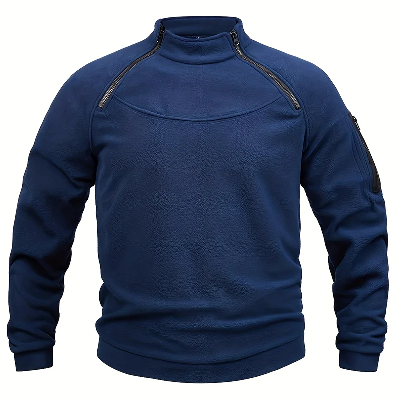 A blue tactical pullover for men with a high-standing collar, zippered front, and long sleeves.