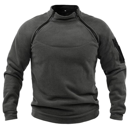 A gray tactical pullover for men with a high-standing collar, zippered front, and long sleeves.