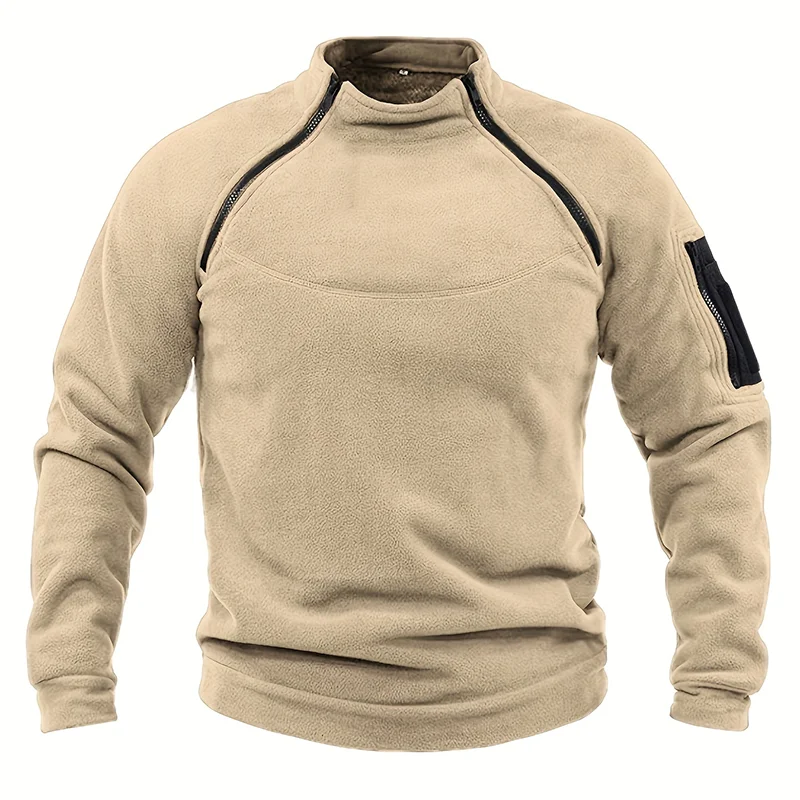 A khaki tactical pullover for men with a high-standing collar, zippered front, and long sleeves.