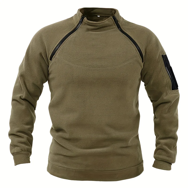 A olive green tactical pullover for men with a high-standing collar, zippered front, and long sleeves.
