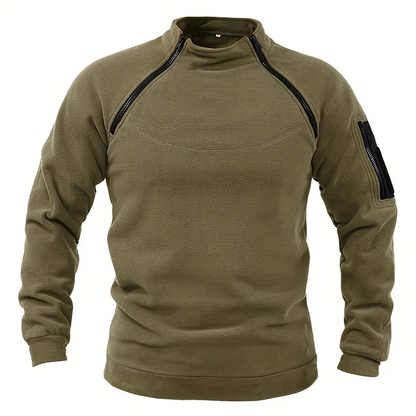 A olive green tactical pullover for men with a high-standing collar, zippered front, and long sleeves.