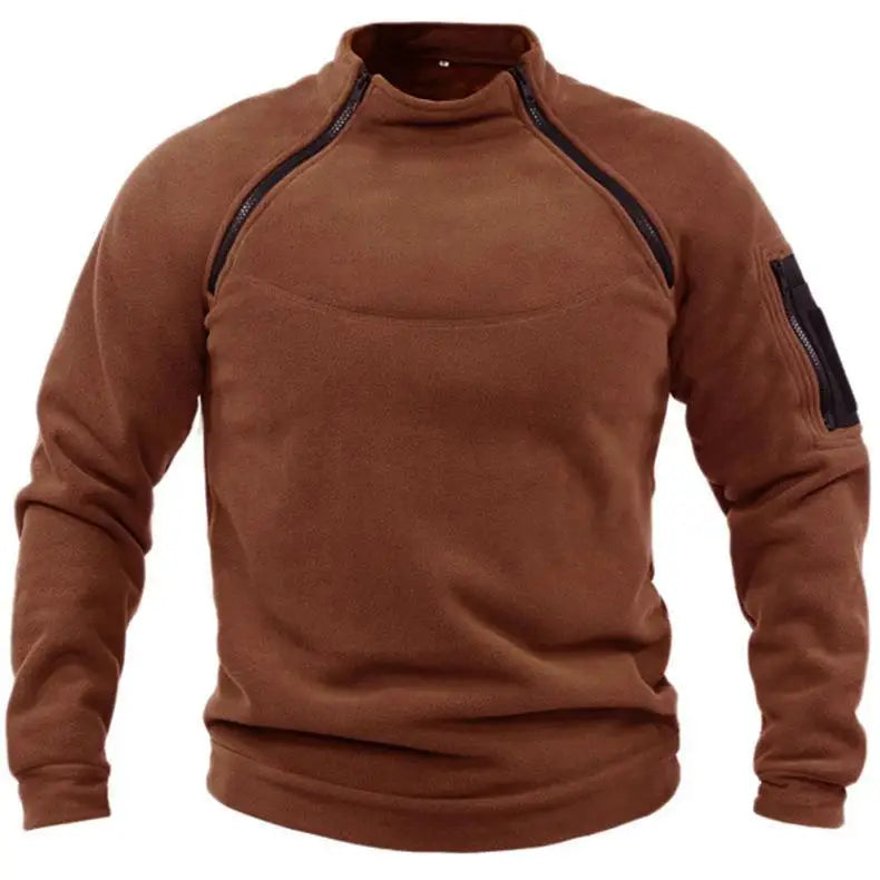 A reddish brown tactical pullover for men with a high-standing collar, zippered front, and long sleeves.