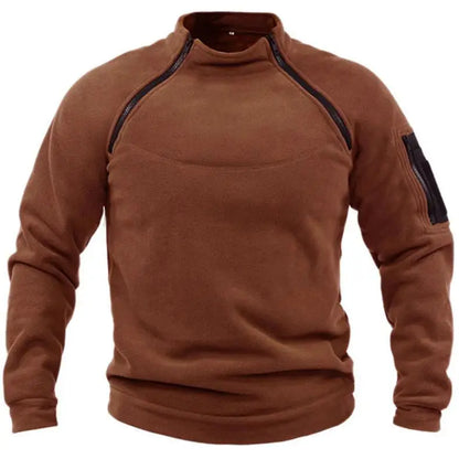 A reddish brown tactical pullover for men with a high-standing collar, zippered front, and long sleeves.